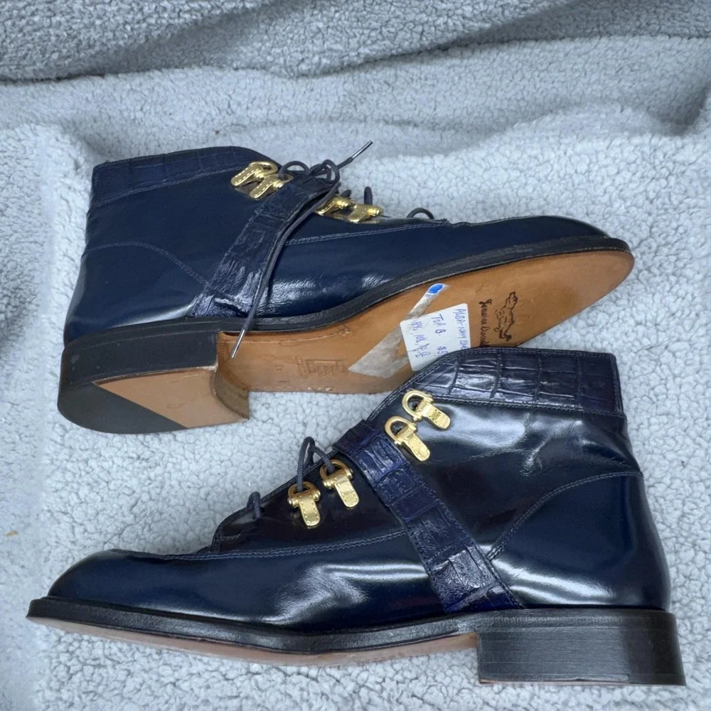David Eden Alba Boots Mens Size 8.5 Blue Crocodile‎ Buckle Strap Chukka Italy